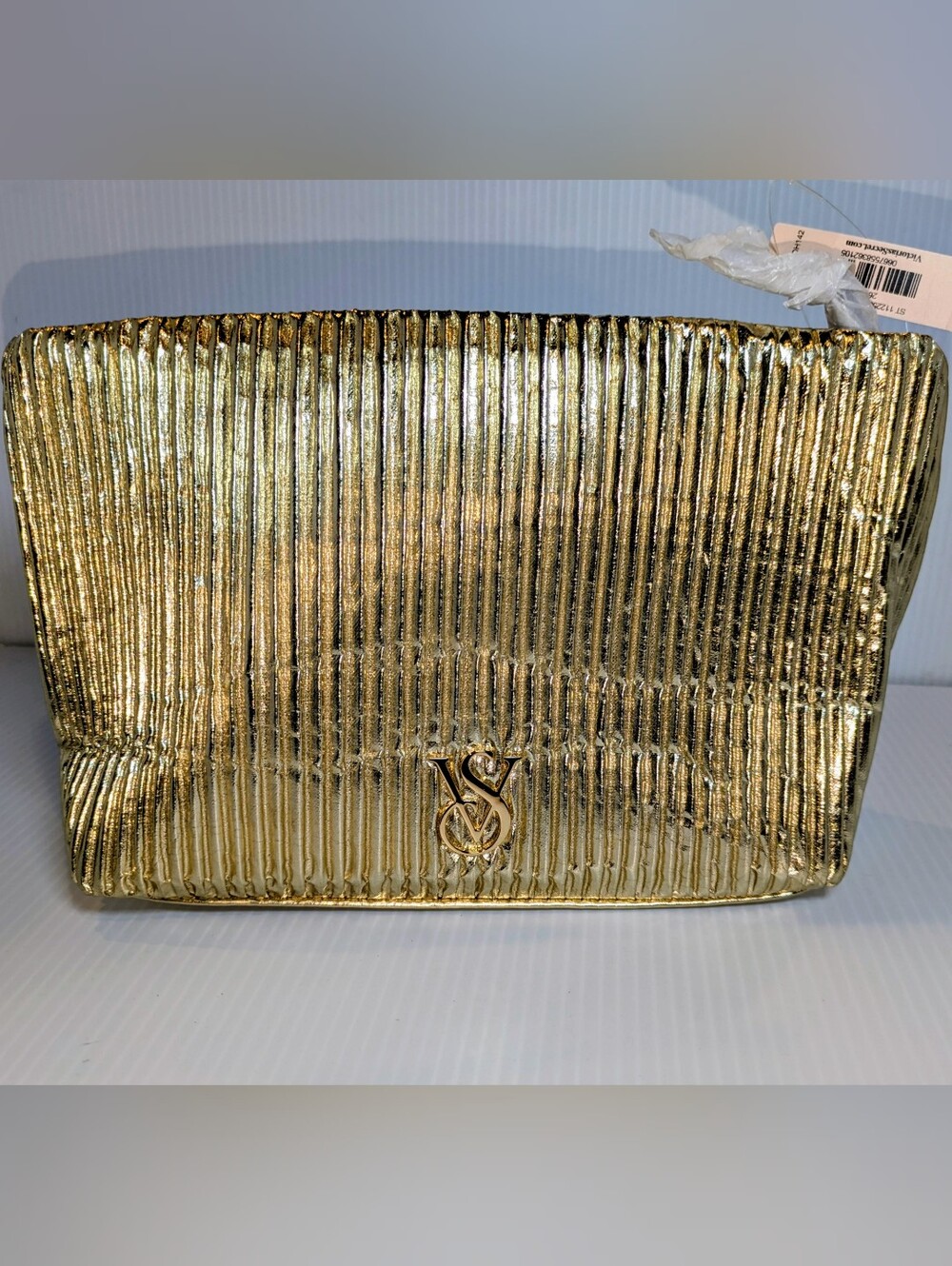 NWT Victoria's Secret Gold Metallic Ribbed Makeup Cosmetic Travel Pouch Clutch